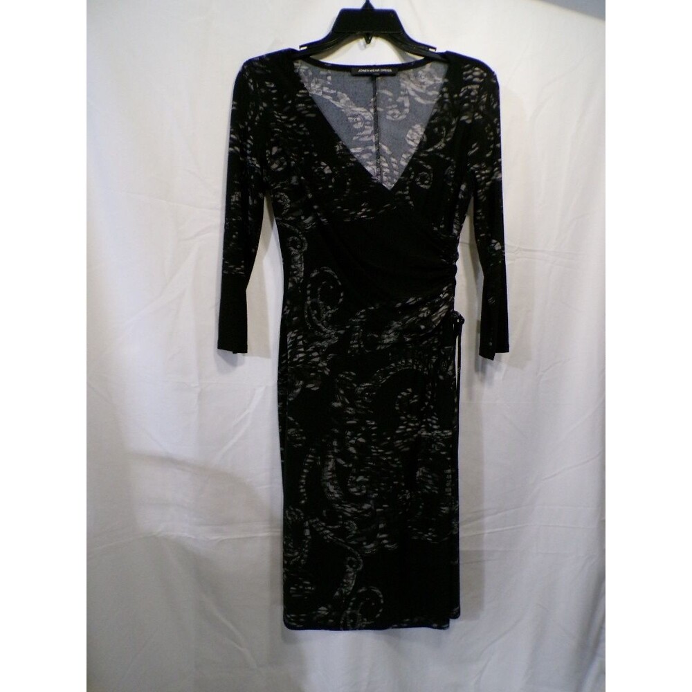 Jones New York Black Faux Wrap Midi Dress V-Neck 3/4 Sleeve Size 4